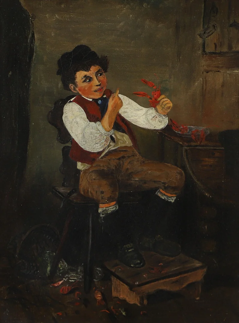 T. WEBSTER. TILLSKRIVEN. Pojke och kräfta, olja på duk. — Paintings — Helsingborgs Auktionskammare