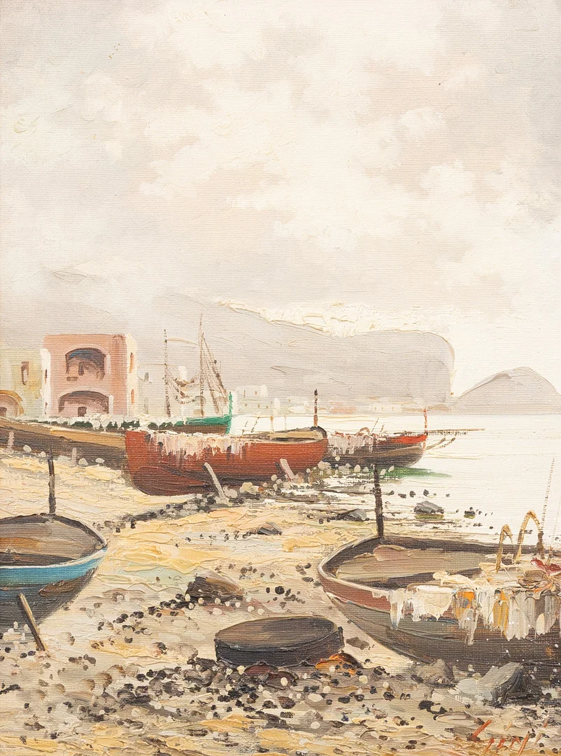 OIDENTIFIERAD KONSTNÄR (ITALIEN, 1900-TAL. Strandmotiv med båtar, Italien, olja på duk, otydligt signerad. — Paintings — Garpenhus Auktioner