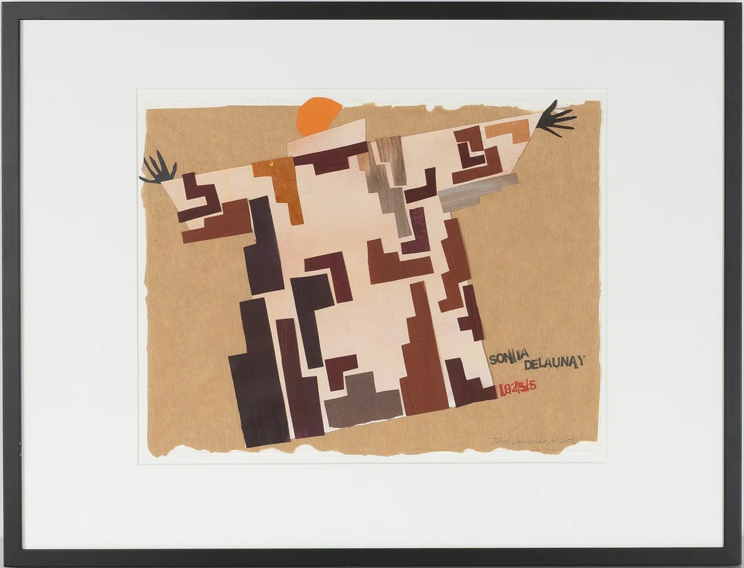 TONIE LEWENHAUPT (FÖDD 1937). "Sonia Delaunay", collage, signerad 2021. En av 1920-talets viktigaste konstnärer Sonia Delaunay, var också en spännande modeskapare som gärna omvandlade sina målade kompositioner till broderier på nya modeplagg likt denna geometriskt uttrycksfulla kappa. — Other — Stockholms Auktionsverk Helsingborg