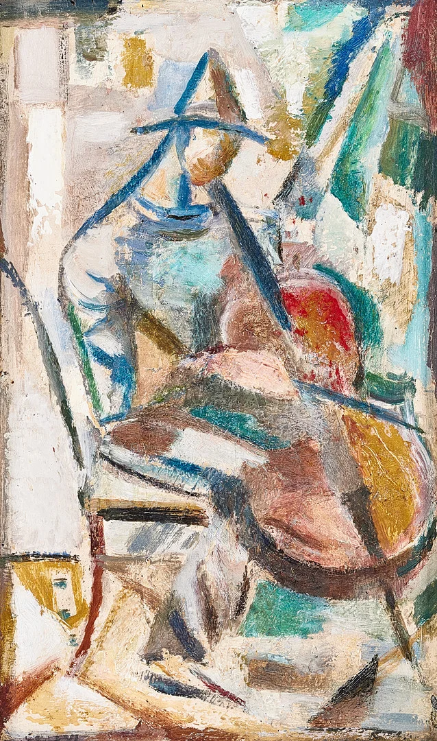 JULES SCHYL. Cellospelare, olja på pannå, signerad. — Paintings — Stockholms Auktionsverk Magasin 5