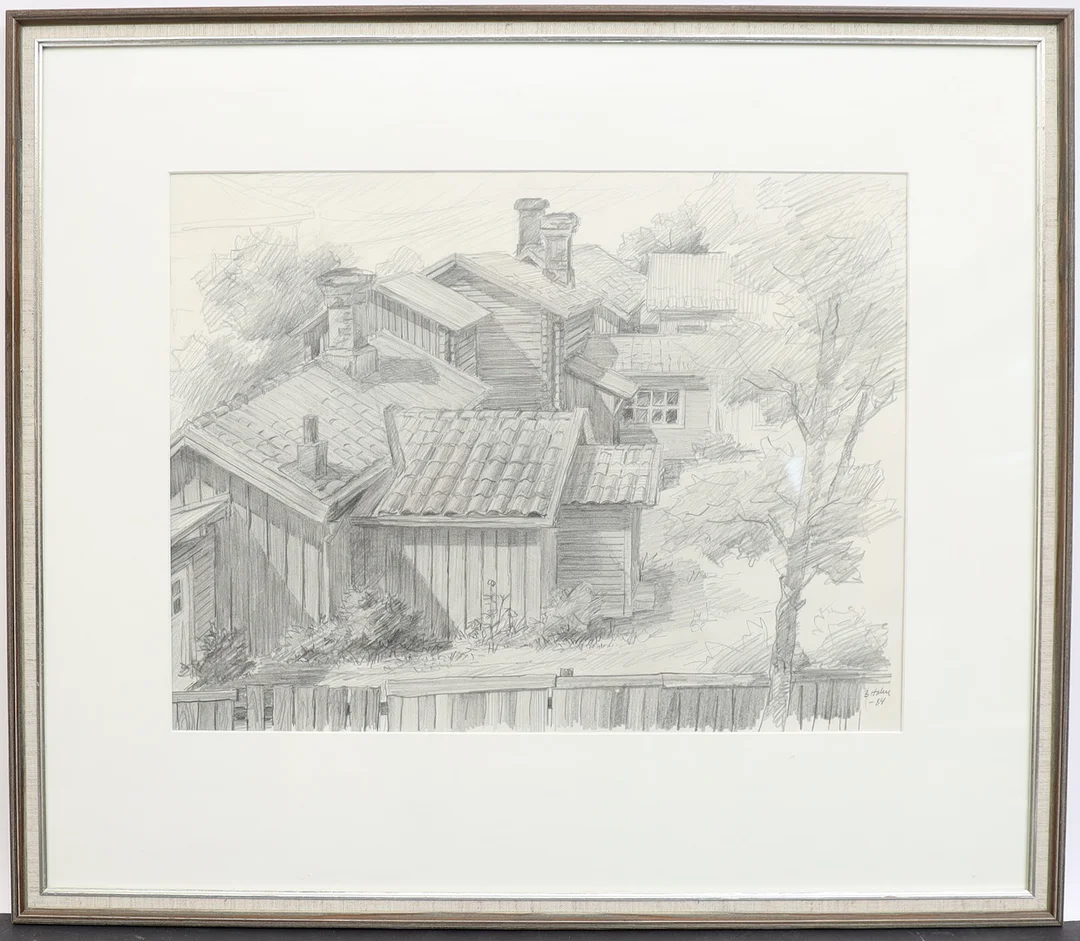OIDENTIFIERAD KONSTNÄR. "Bakgården vid hyttgatan" teckning, signerad B Holm och daterad 64. — Paintings — Falun Auktionsbyrå