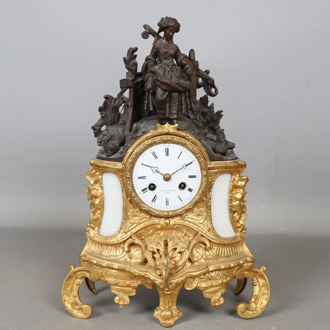 A LATE 19TH CENTURY FRENCH GILT METAL MANTEL CLOCK, F.L. HAUSBURG, PARIS. — Mantel clocks — Bishop & Miller