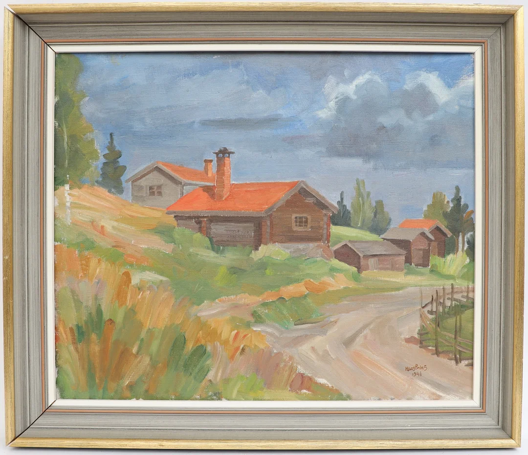 HANS PRINS. Landskap med fäbodstugor, oljemålning på duk, signerad och daterad 1946. — Paintings — Falun Auktionsbyrå