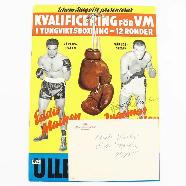 INGEMAR JOHANSSON Suvenirprogram Kvalificering för VM i tungviktsboxning 14 september 1958, autografer.