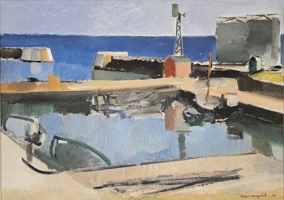 HOLGER ALMQVIST. Hamnmotiv. Olja på duk, signerad Holger Almqvist och daterad -59. — Paintings — Auktionshuset Thörner & Ek