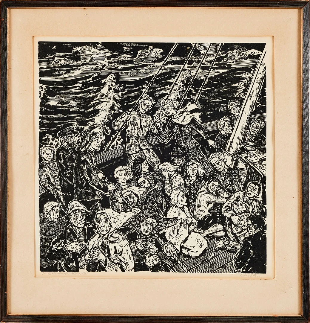 ENDEL KÖKS. "Meril" (Till sjöss) / Båtflyktingar, linoleumsnitt. — Engravings & Prints — Stockholms Auktionsverk Magasin 5