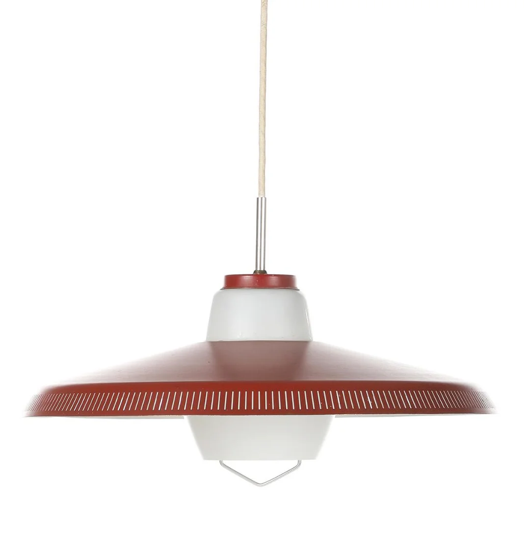 Danish design: Two pendants with pierced red lacquered metal shades, opal glass inner shades. Manufactured by Lyfa a.o. 1950s. Diam. 44.5–46 cm. (2) — Modern Lighting — Bruun Rasmussen