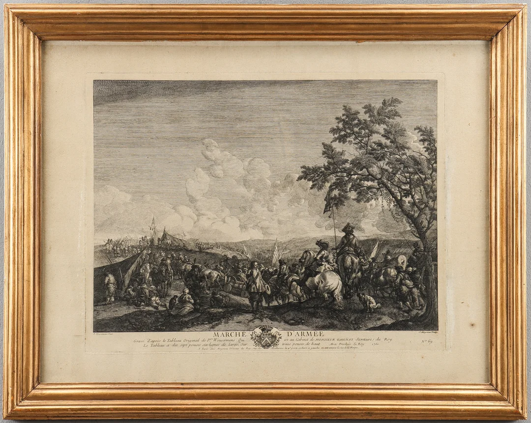 PHILIP WOUWERMANS. EFTER. "Marche d'Armee", kopparstick av Jean Moyreau 1751. — Engravings & Prints — Karlstad Hammarö Auktionsverk
