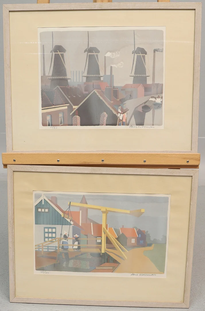 LARS NORRMAN. Färglitografier, 2 st, väderkvarnar och kvinnor på bro, numrerade 55/310, signerad, 1900-tal. — Engravings & Prints — Ekenbergs Auktioner