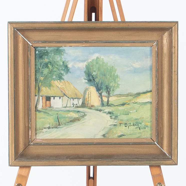 OIDENTIFIERAD KONSTNÄR. Olja på pannå, landskap med gård. — Paintings — Laholms Auktionskammare