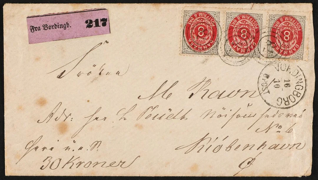 1875. 8 Øre, grey/red. Strip of 3 (early print) on moneyletter from Vordingborg to Copenhagen. Numeral canc. 78 and sidemark VORDINGBORG 16.10. Vertical fold — Stamps, Covers & Postal History/Denmark/2-farvet tk.14 — Bruun Rasmussen