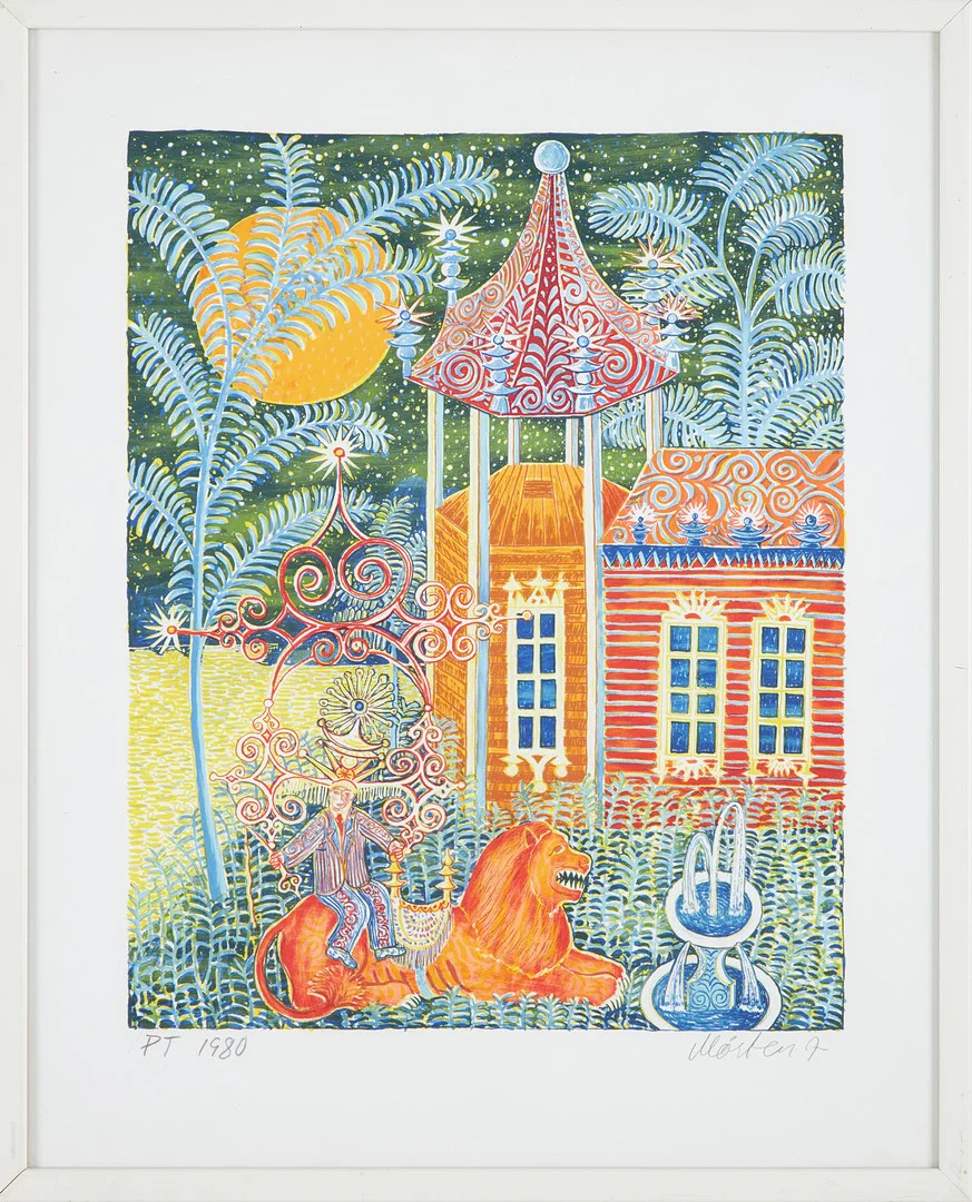 MÅRTEN ANDERSSON. Färglitografi, "Lejontämjarens hus", provtryck, signerad och daterad, 1980. — Engravings & Prints — Stockholms Auktionsverk Sickla