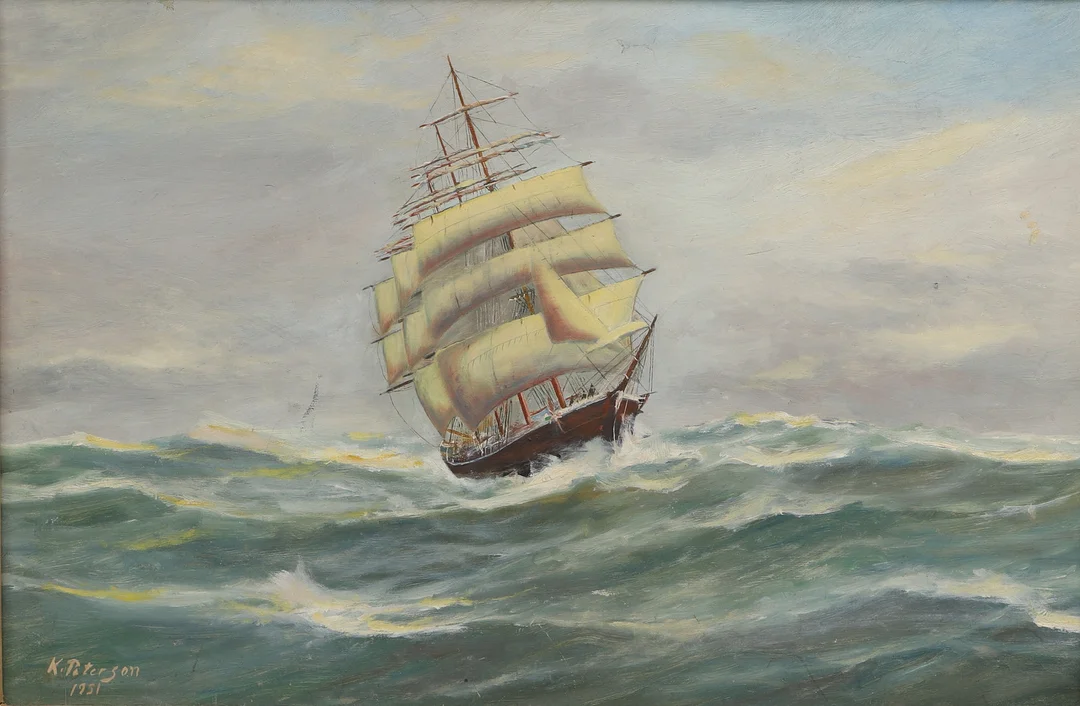 OIDENTIFIERAD KONSTNÄR. Olja på pannå, Havsmotiv, signerad K.Peterson, daterad 1951. — Paintings — Ekenbergs Auktioner