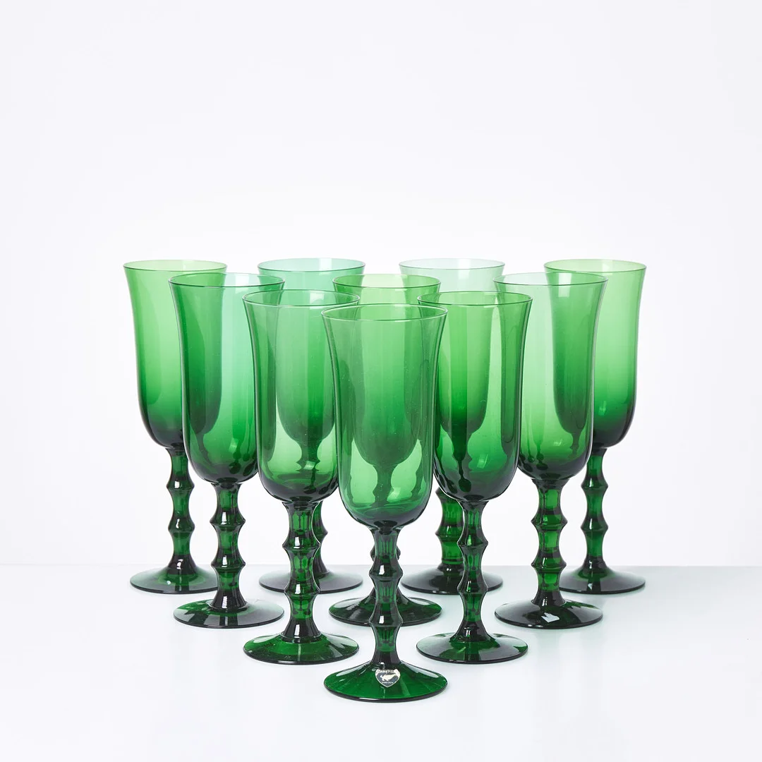 SIMON GATE. 10 st, "Salut", champagnestrutar, Orrefors, grön glasmassa. — Tableware — Stockholms Auktionsverk Sickla