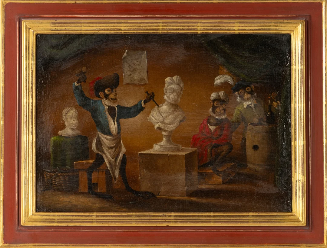 ABRAHAM TENIERS. HANS ART. Interiör med apor / Singeri, olja på duk, 1800-tal. — Paintings — Stockholms Auktionsverk Helsingborg