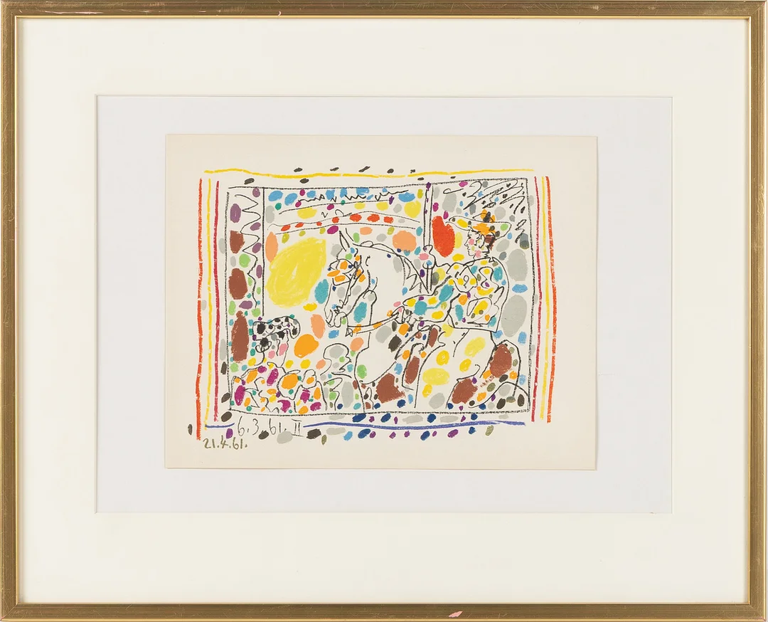 PABLO PICASSO. "Picador", färglitografi original, ur "A los toros avec Picasso", daterad i trycket 21.4.61. — Engravings & Prints — Stockholms Auktionsverk Helsingborg
