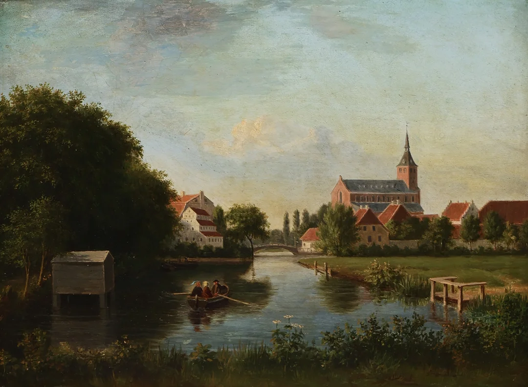 UBEKENDT KUNSTNER. Odense å ved Sukkergaarden, i baggrunden Skt. Knuds kirke, olie på pap, usigneret, dateret 1859. — Paintings — Palsgaard Kunstauktioner