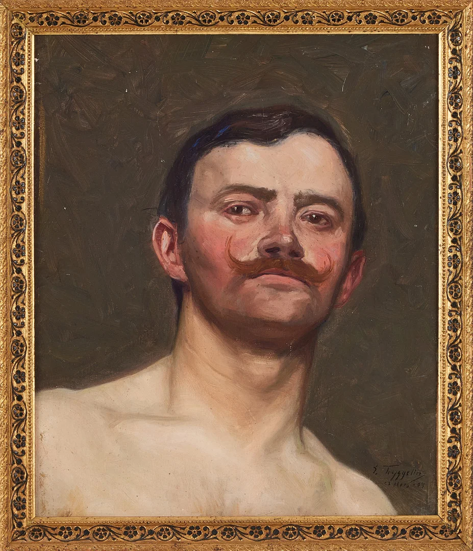 ERIK TRYGGELIN. Porträtt möjligen självporträtt, olja på pannå, signerad och daterad E, Tryggelin, 23 Mars -04. — Paintings — Stockholms Auktionsverk Magasin 5