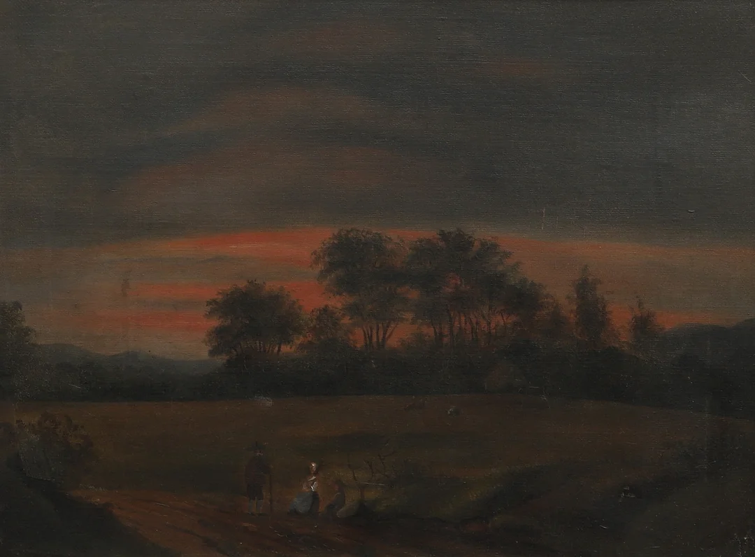 OKÄND KONSTNÄR. Olja på duk, landskap i solnedgång, ingen synlig signatur, 1800-tal. — Paintings — Ekenbergs Auktioner