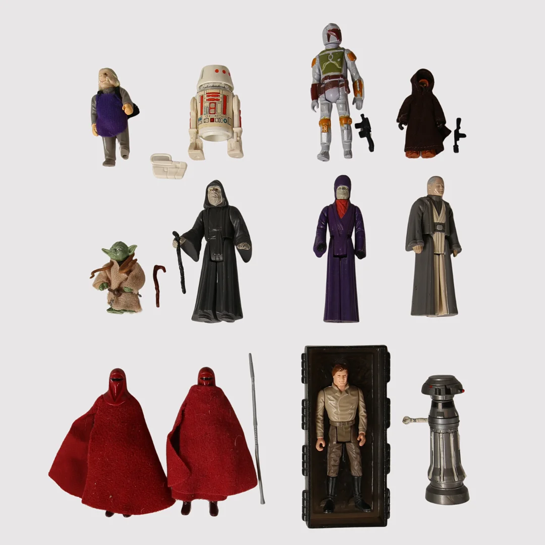 STAR WARS figurer, Anakin Skywalker,(Ghost) Emperor Palpatine, Han Solo Carbonit FX-7 Medical Droid, R5-D4, Yoda, Boba Fett, Ugnaught, Imperial Dignitary, Jawa, , mm ,Kenner 1980- tal, 12 stycken. — Action figures & Sci-Fi — Limhamns Auktionsbyrå