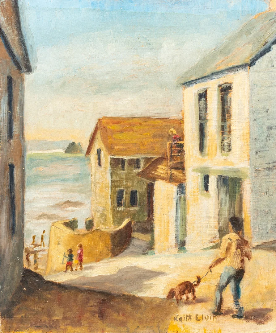 KEITH ELVIN. KIETH ELVIN (BRITISH, B.1924), SEASIDE WALK, OIL ON BOARD. — Paintings — Griffin’s Auctioneers