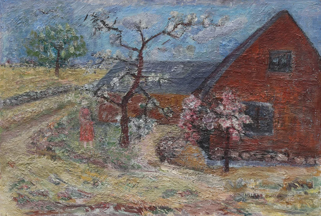 ILONA KLARA BOMAN. olja på pannå, "Det röda huset", signerad, I Klara Boman, daterad 1961. — Paintings — Auktionsmagasinet Vänersborg