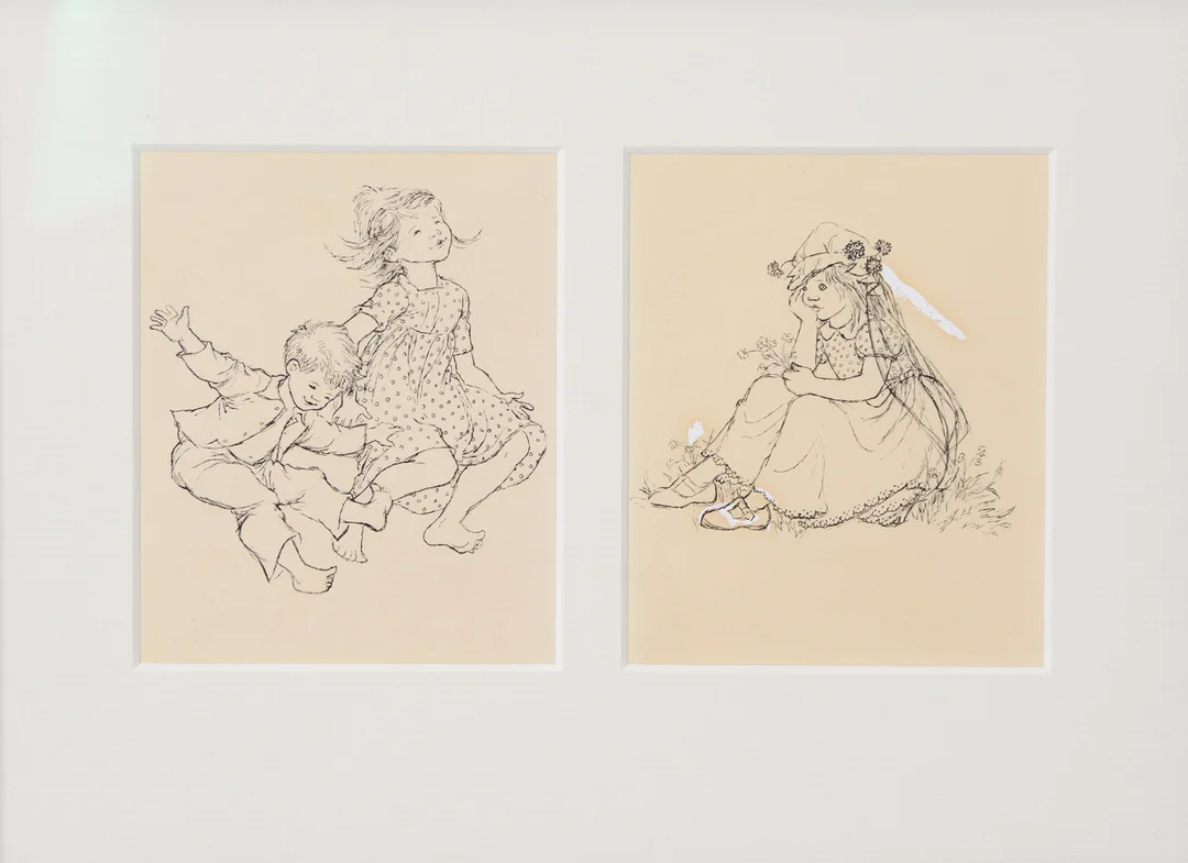ILON WIKLAND. Originalillustrationer troligen till "Mia-Pia" av Brita af Geijerstam (utgiven 1958, Bonniers), 2 st, tusch med täckvitt. — Drawings — Formstad Auktioner