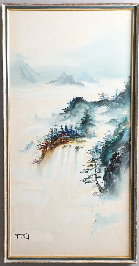 20TH CENTURY NEPALESE SCHOOL. MOUNTAINOUS LANDSCAPE WITH BUILDINGS, WATERFALLS & MISTY VALLEYS. — Paintings — Lawrences Auctioneers