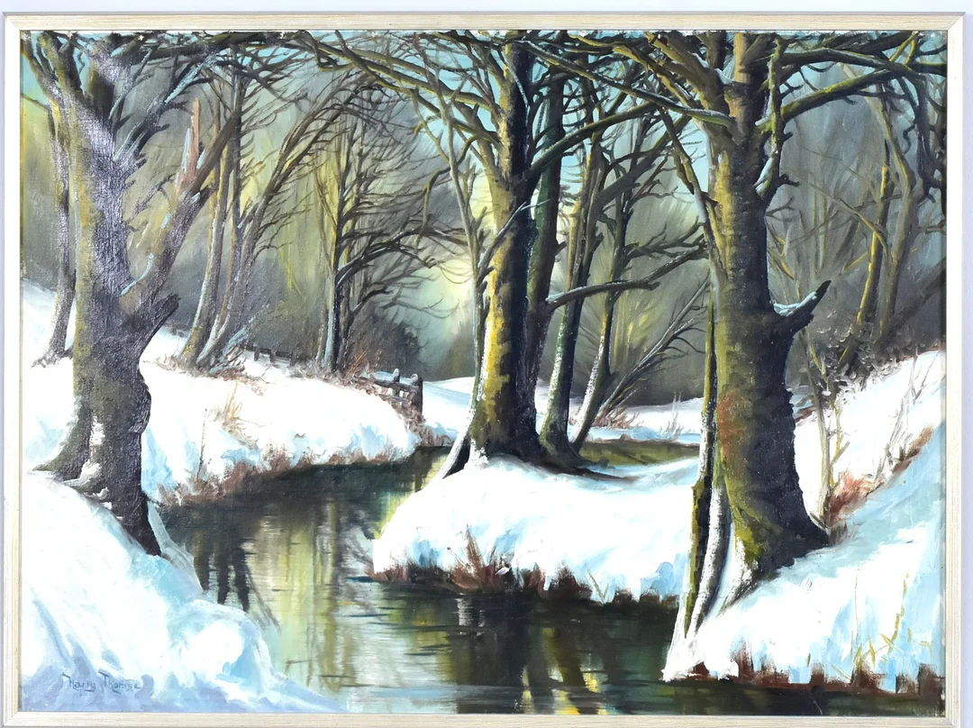 HARRY THOMSE. oljemålning på duk, vinterlandskap med bäck. — Paintings — Halmstads Auktionskammare