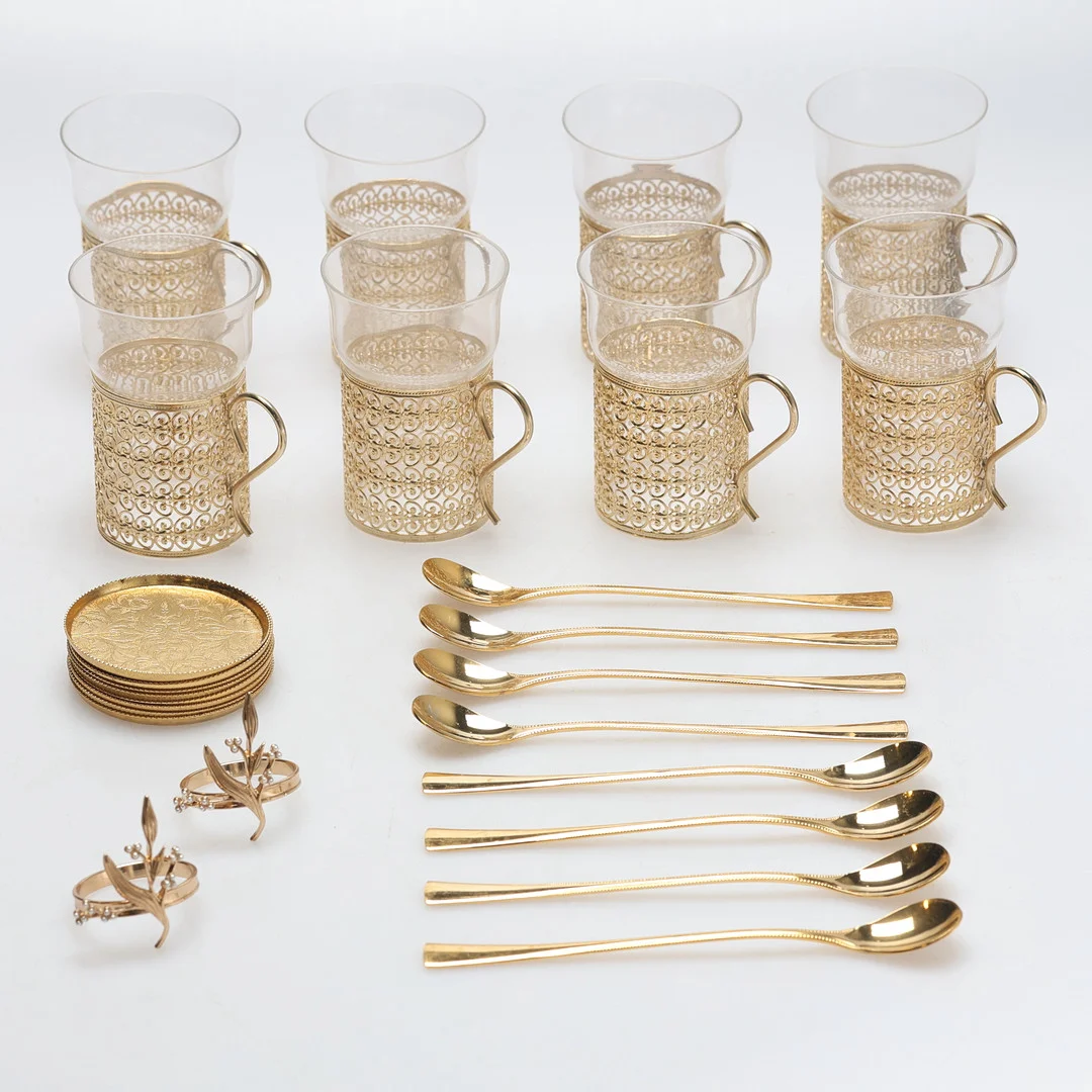 IRISH COFFE-GLAS. Glas med hållare, underlägg, skedar, 1900-tal. — Utility glass — Gomér & Andersson Jönköping
