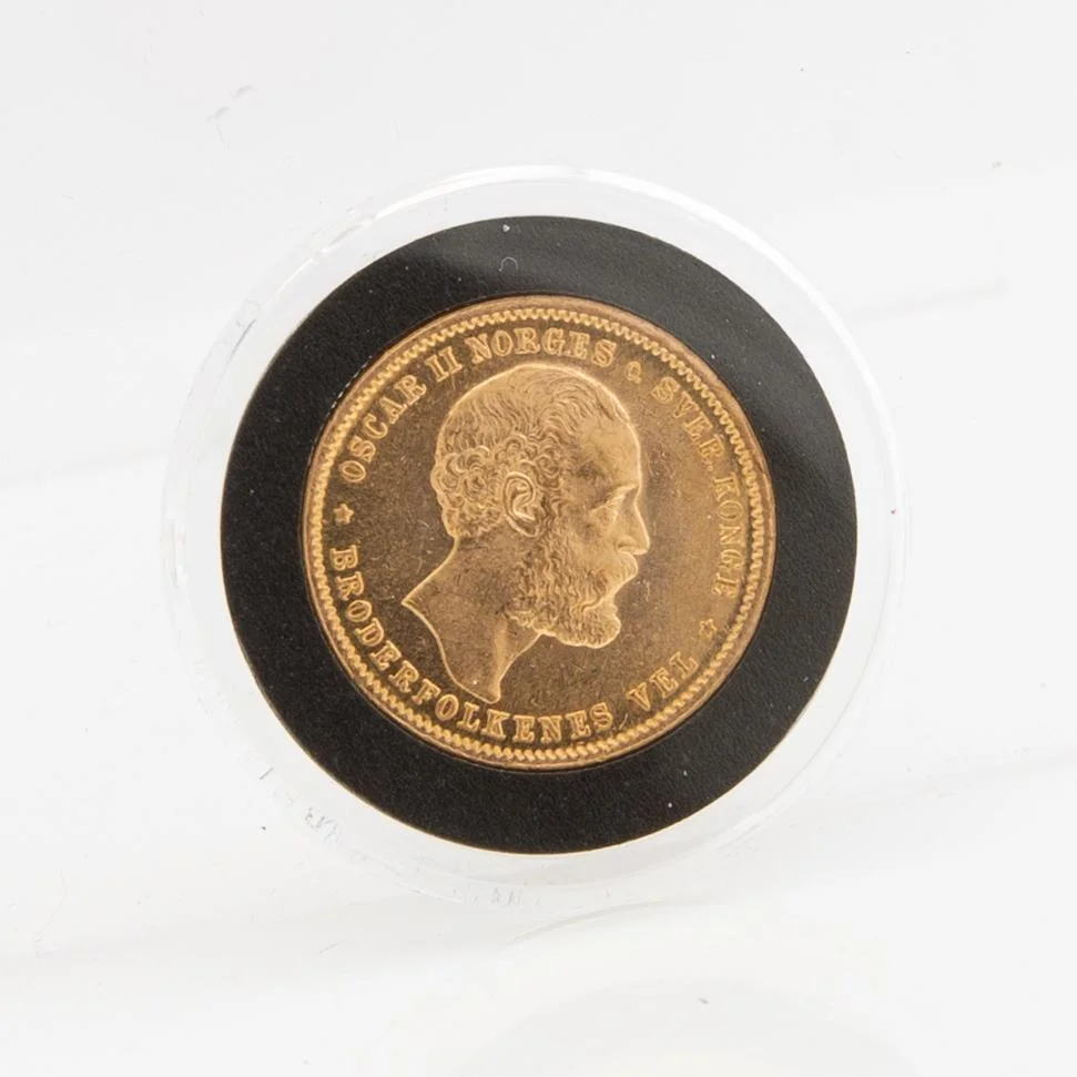 Guldmynt Norge, Oscar II 20 kr, 1877. — Militaria/Mynt — Bukowskis