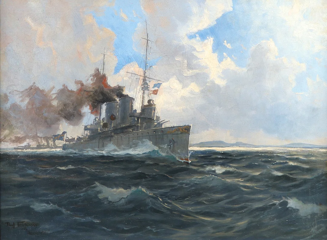 PAUL TESCHINSKY. Oljemålning på duk. Pansarskeppet Manligheten. Signerad och daterad 1916. — Paintings — Skånes Auktionsverk
