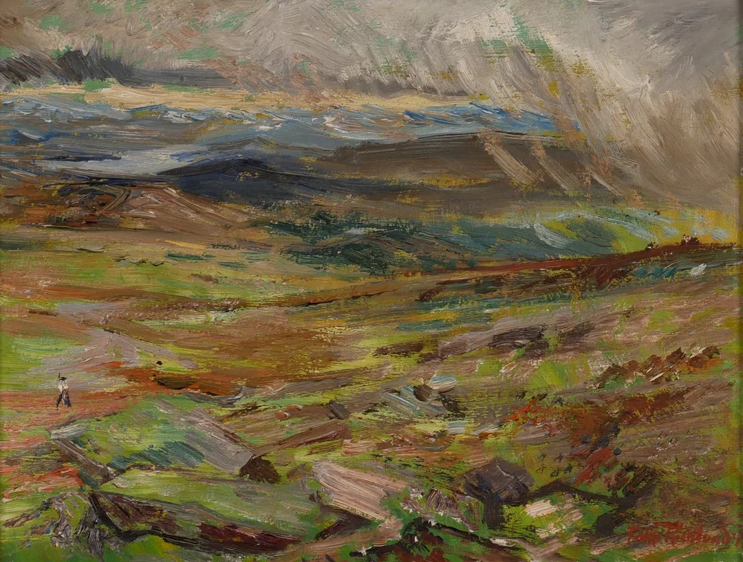 FOLKE RICKLUND. Fjällandskap, olja på pannå, signerad Folke Ricklund -46. — Paintings — Auktionsfirma Kenneth Svensson i Kalmar