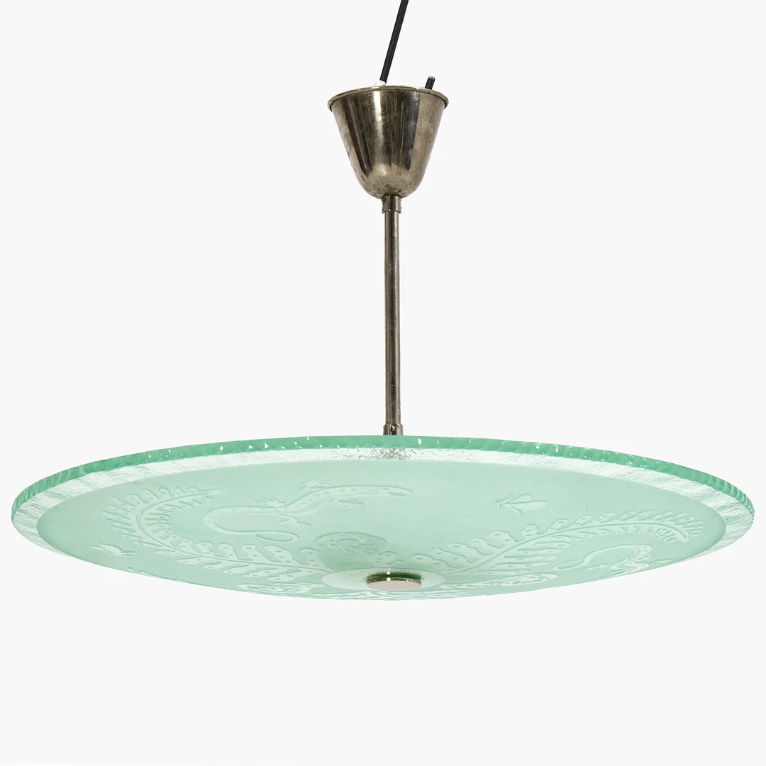 TAKLAMPA, plafond, Sverige, 1930-tal. förnicklat upphäng, skärm i frostat råglas med dekor av ödlor, ormbunkar och fjärilar. — Ceiling lights — Crafoord Auktioner Stockholm