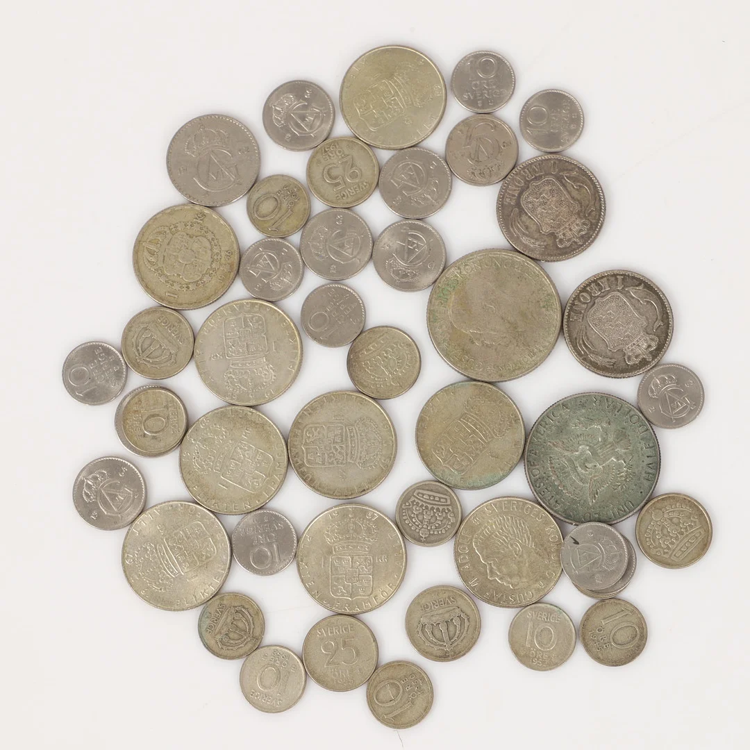MYNT, 45 stycken, Sverige, Danmark och USA, 1915-1968. — Coins & Banknotes — Helsingborgs Auktionskammare