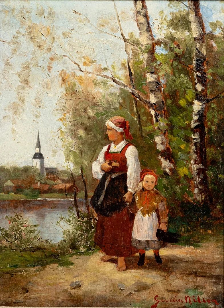 SEVERIN NILSON. Dam och flicka i folkdräkter, signerad. — Paintings — Auktionshuset Kolonn