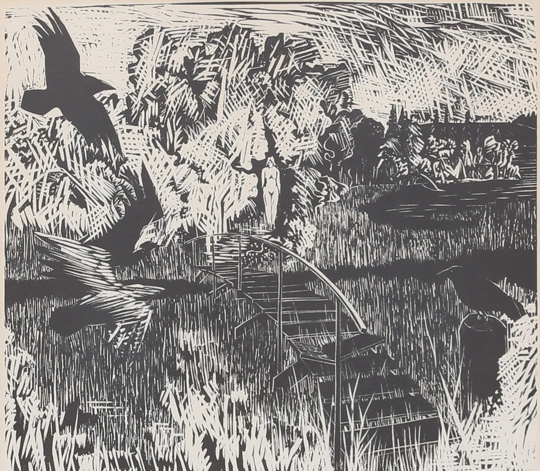 LENNY CLARHÄLL. Komposition, träsnitt, signerad, numrerad. — Engravings & Prints — Auktionshuset Thelin & Johansson