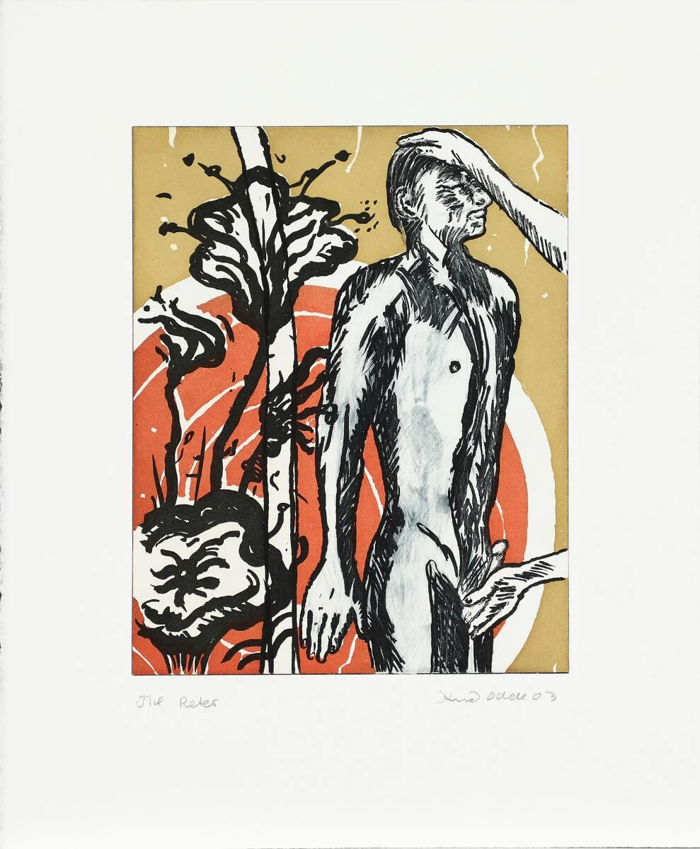 Knud Odde: Untitled. Signed Knud Odde 03 with dedication. Etching in colours. Sheet size 46×38 cm. Unframed. — Modern Prints/Modern art — Bruun Rasmussen