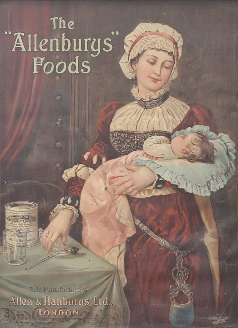 REKLAMTRYCK, "The Allenburys Foods", Allen & Hanburys Ltd, London, tidigt 1900-tal. — Engravings & Prints — Auktionshuset Thelin & Johansson