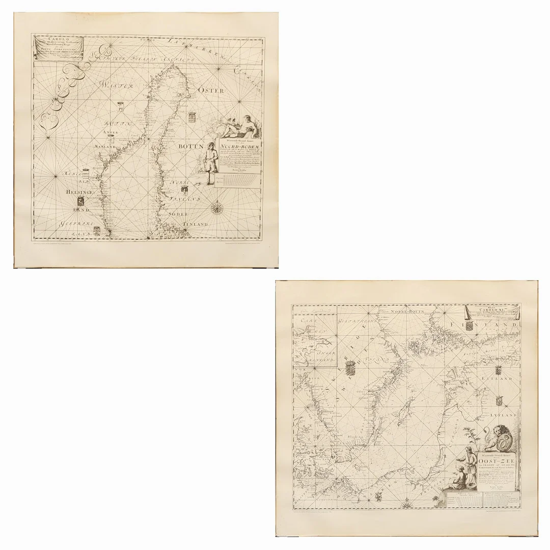SJÖKORT/KARTOR, 2 st, grafiska blad, "Oost-Zee" samt "Noord-Bodem" efter Petter Geddas atlas år 1695, tryckta 1973 vid Sjöfartsverkets tryckeri. — Maps — Crafoord Auktioner Malmö