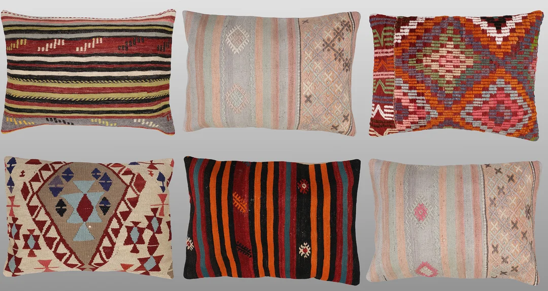 ORIENTMATTA. Parti kuddfodral 6st, anatoliska Kelim fragment, 70 x 50 cm. — Oriental Carpets & Textiles — Gomér & Andersson Linköping
