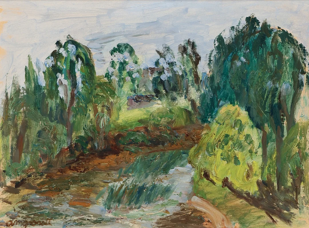 ANNE MARGRETHE GROSELL (1909-99). Landskabsmotiv, olie på plade, signeret. — Paintings — Palsgaard Kunstauktioner