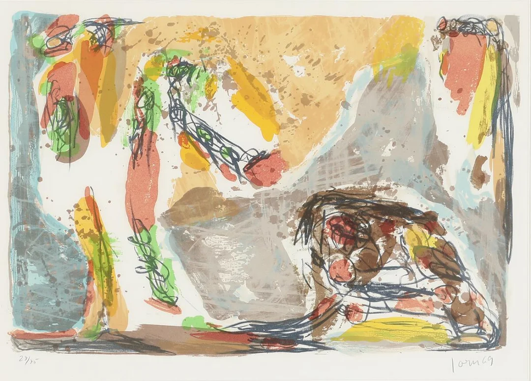 Asger Jorn: ”Trop tôt”. Signed Jorn 69, 27/75. Lithograph in colours. Visible size 39×56 cm. — Modern Prints/CoBrA — Bruun Rasmussen
