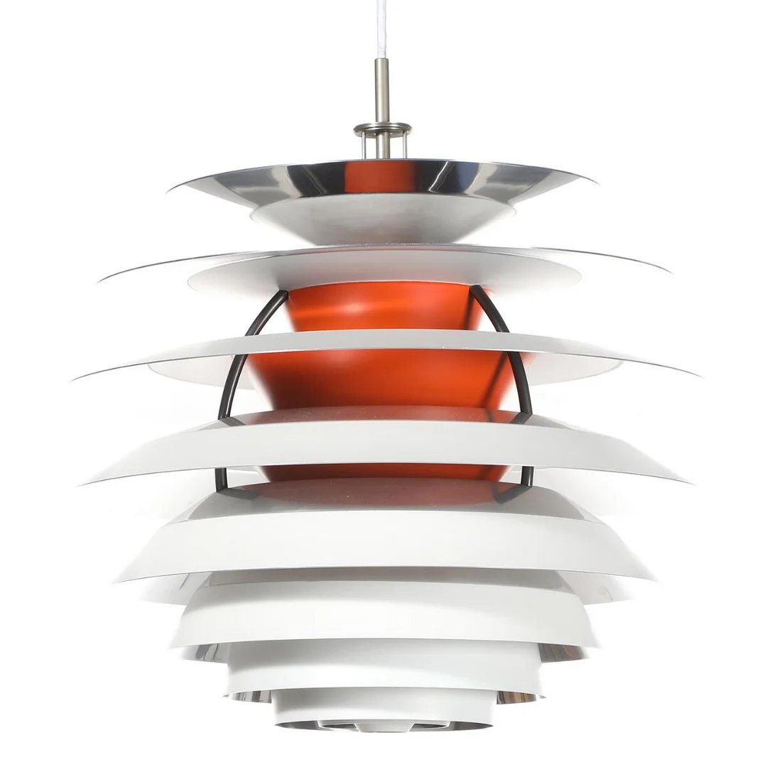 Poul Henningsen: “Contrast”. A pendant with white and orange lacquered metal lamellae. Diam. 45 cm. — Modern Lighting — Bruun Rasmussen