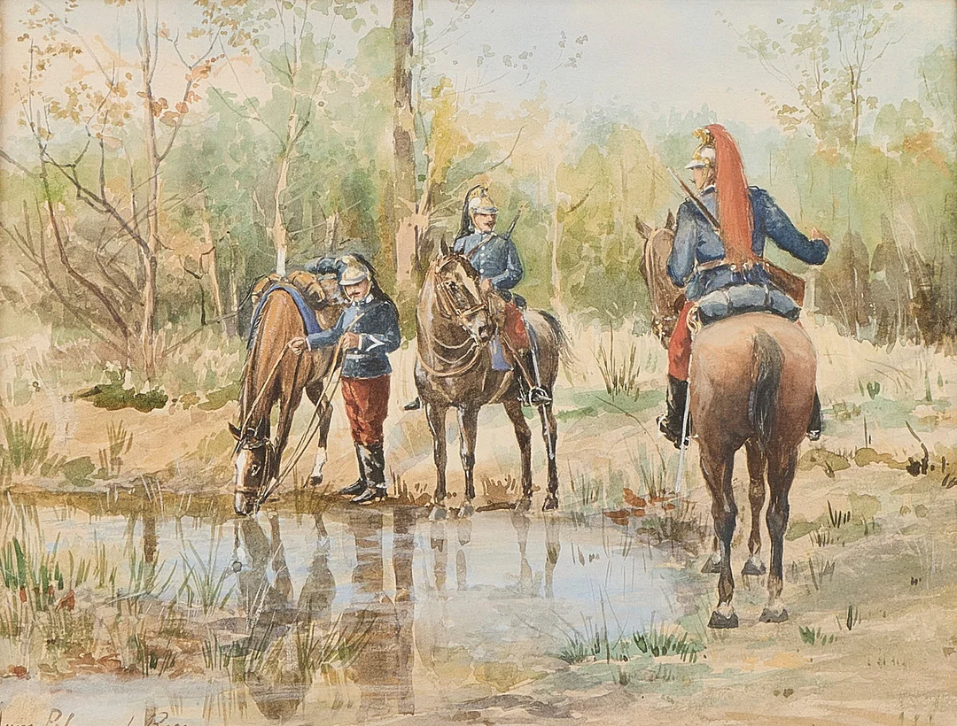 ANNA PALM DE ROSA. Akvarell, kavallerister vid vattenhål. — Paintings — Metropol Auktioner
