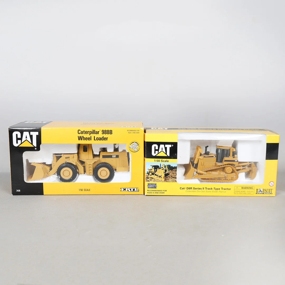 A NORSCOT CAT D8R SERIES II TRACK-TYPE TRACTOR AND AN ERTL CAT 988B WHEEL LOADER (2). — Model cars — Bishop & Miller