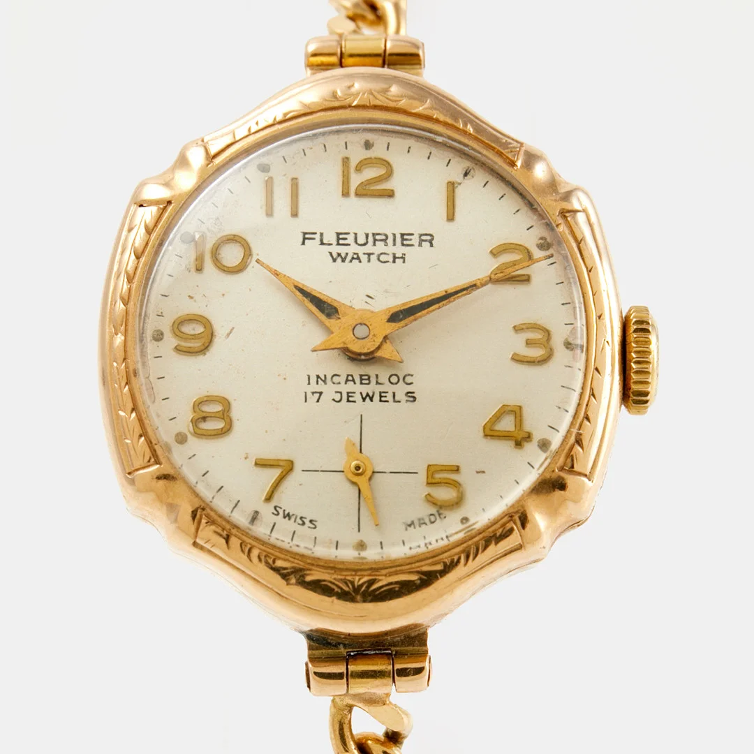 FLEURIER Watch (Swiss Made), boett i 14 k guld, ca 20-22 mm, länk i 18 k guld, Vicenza Italien, omkring 1900-talets mitt. — Wristwatches — Stockholms Auktionsverk Sickla