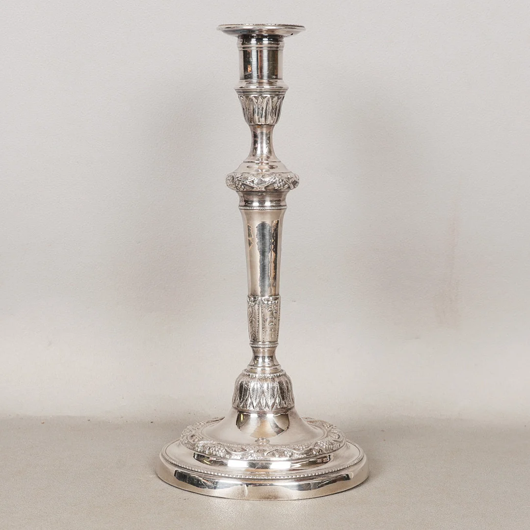 A 19TH CENTURY FRENCH STYLE SILVER PLATED CANDLESTICK. — Silver plated — Bishop & Miller