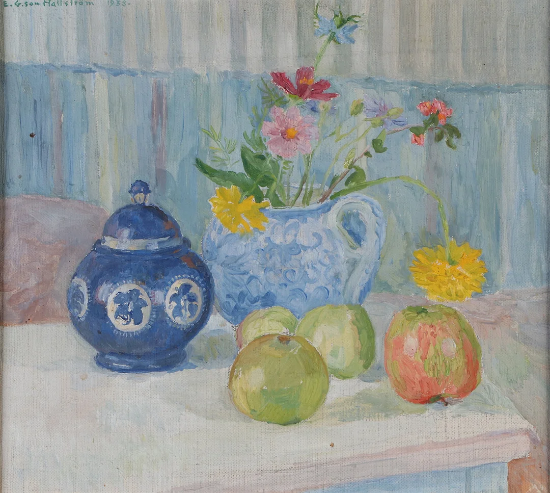 ERIK G HALLSTRÖM. Oljemålning på duk, uppfodrad på pannå. "Stilleben med blå kruka". Signerad och daterad 1938. — Paintings — Skånes Auktionsverk