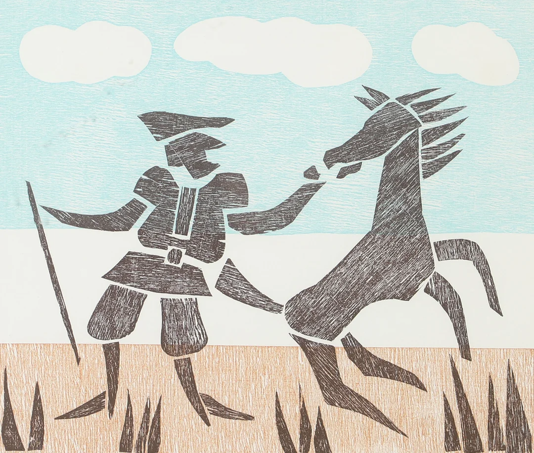 LARS HÅRD. Man med häst, träsnitt, signerad -90. — Engravings & Prints — Helsingborgs Auktionskammare